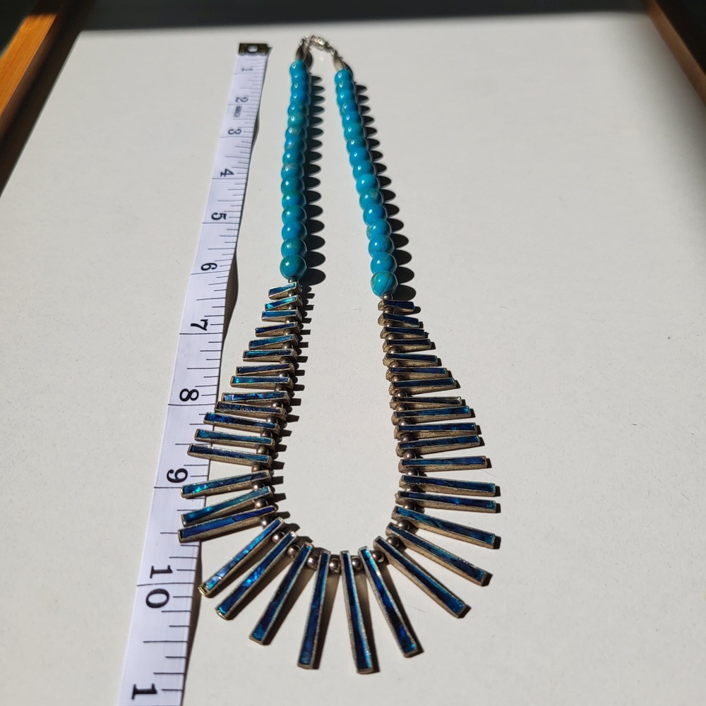 vintage Artisan Statement Turquoise Abalone Inlay Bib Necklace Blue Southwest - Picture 6 of 11
